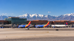 Salt Lake City airport with the Wasatch Mountains behind it