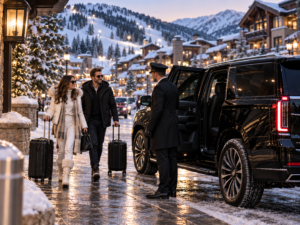 Luxury SUV outside a snowy mountain lodge